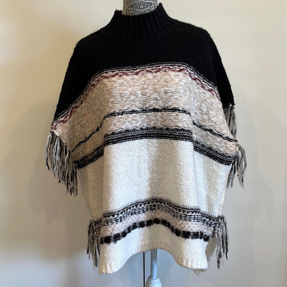 Fringe striped fringe mock neck poncho sweater wool blend One Size Boho